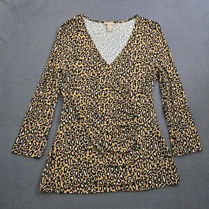 Banana Republic Women M Tan Leopard Print 3/4 Sleeve Jersey Faux Wrap Top